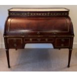 Fine quality French cylinder bureau in plum pudding mahogany with brass mounts, finished to reverse.