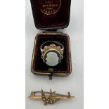 A 9ct gold ring set with glass cameo, in box. Size M, 3.8gm. together with a 9ct bar brooch in the