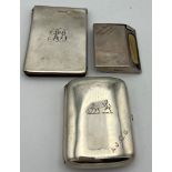 Three hallmarked silver items, a cigarette case, a match case and a leather lined case.