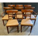 Eight Regency mahogany bar back dining chairs with leather upholstery to include 2 x carvers. Ht