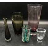 Five various vintage glass vases to include Mdina striped vase 12.5cm h and tall vase 28cm h.