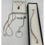 Silver jewellery to include bracelet, necklace and Siberian ruby pendant etc.