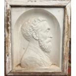 A 19thC plaster cast of a gentleman. Frame size 47 x 40cm.