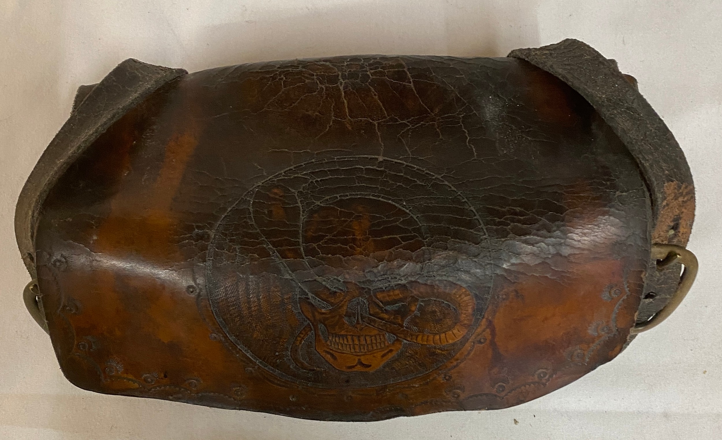 Motor bike tool kit roll with skull and snake pattern inscribed to front, inlaid box 30cm x 22cm - Image 2 of 9