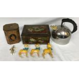 An assorted collection of items to include a stainless steel kettle, two tins, one Colman's Mustard,