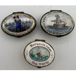 Three 18thC enamel patch boxes of naval interest to include Britannia Rules the Waves etc.