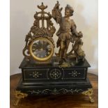 A 19thC spelter mounted marble mantle clock with damage. 43cm h.