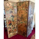 A 19thC mahogany framed 3 fold dressing screen decorated with Victorian scraps. 185 h x 171cm w.