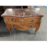 A 19thC French marquetry commode with marble top and ormolu mounts with two drawers, 114cm w x