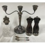 Collection of mid-late 20thC silver items to include three branch candelabra, wooden salt and pepper