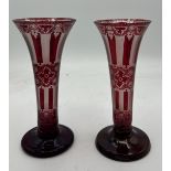 A pair of etched Bohemian red glass vases. 17cm h.