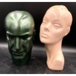 Two vintage haberdashery or shop display heads/busts, pink lady 35cm h, dark green man 30cm h