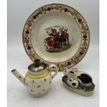Ceramics to include 18thC creamware teapot with associated lid, 19thC sponge ware rabbit and a 19thC