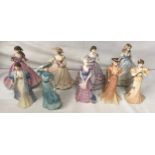 A collection of nine Coalport figurines, Lady Caroline, Constance Jean, Mary, First Love,