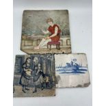 Two 19thC tiles, Josiah Wedgwood & Sons, Copeland and an 18thC Delft tile. Delft 12.5 x 12.5cm.