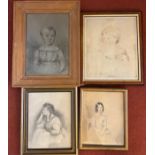 Four 19thC watercolour and pencil portraits. Largest 39 x 30cm including frame.