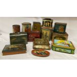 A collection of tins to include a Huntley & Palmers biscuit tin modelled as a Gladstone bag, with