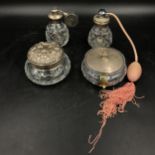 Two silver topped powder bowls with mirrors to interior of tops, silver mounted glass perfume