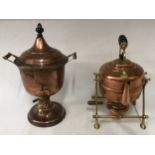 A copper/brass spirit kettle and a copper/brass samovar.