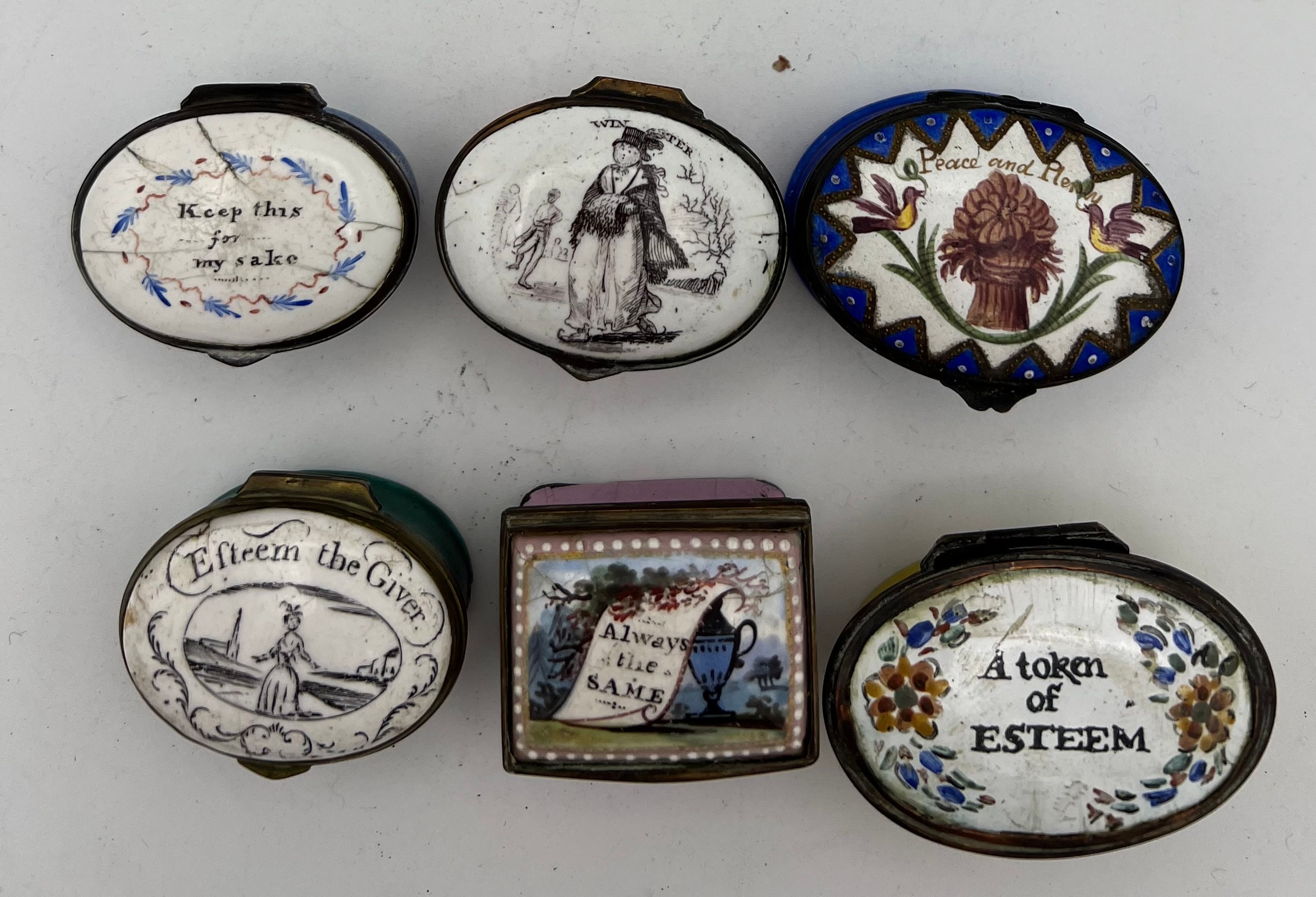 Six various 18thC enamel patch boxes to include Keep This For My Sake, Peace and Plenty, Winter. - Image 2 of 4