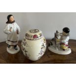 Two Russian Lomonosov porcelain figures and a Masons lidded gingerbread jar commemorating Selby