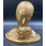 Gold painted plaster bust of a young woman, on oval base, 24cm h x 26cm w.