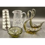 Two Whitefriars swans, one with label 20cm h, clear glass jug, bullicante raised dish and other