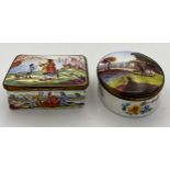 Two 18/19thC enamel boxes, one with interior decoration. 8 x 5.5cm.