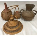 African interest - Collection of African gourds and ceramic water carrier 30c h, basket ware etc.