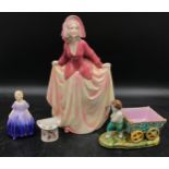 A collection of ceramics to include a large Katzhutte figure of a crinoline lady wearing a bonnet