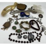 A quantity of costume jewellery to include Siam silver brooch and earrings, .925 silver necklace,