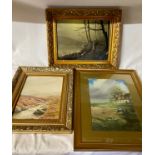 Three paintings to include F. R. Coysh watercolour of moorland scene picture size 33cm x 25cm, L.