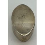 Oval silver snuff box London 1781, maker Peter, Ann and William Bateman. Initials to the top. 8cm