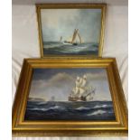 Two oil on canvas depicting sailing ships in rough seas the larger signed lower left Richard Firth