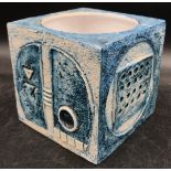 A Troika pottery cube vase by Honor Perkins? initialled Cornwall H P? to base moulded with geometric