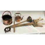 An interesting collection to include two wooden/copper washer poshers, a copper coal scuttle, a