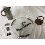 A miscellaneous lot to include an English pewter hot water jug to a design by Archibald Knox with