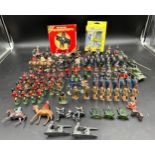 Collection of early lead painted toy soldiers etc vast majority by Britains together with Dinky tank