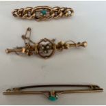 Three various Edwardian bar brooches, two marked 9 carat gold, one set with seed pearls, the other