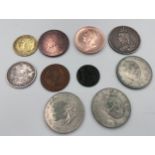 Coins to include Columbian half dollar 1893, 1189 Halfcrown, George III Britannia 1707 cart wheel