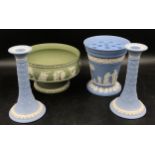 A collection of Wedgwood Jasperware items to include a pair of boxed Acanthus blue ground