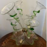 A 19thC green and clear glass epergne.