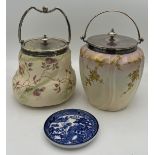 Two Taylor Tunnicliffe biscuit barrels with plated mounts and swing handles together with a Willow