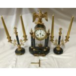 An early 20thC Samuel Marti Paris French green marble and ormolu 8-day clock garniture with eagle to