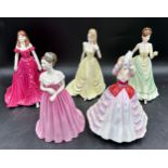 Five figurines of ladies comprising of Royal Doulton Susan HN3050 and Camilla HN4220 along with