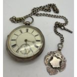 A silver pocket watch, chain and fob, Chester 1897, case by Jesse Hallam. Total weight 214gm.