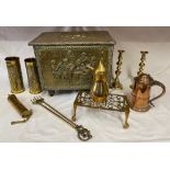 A collection of brass and copper items to include a wood lined brass storage box, a pair of