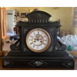 Black slate and marble mantle clock with visible brocot movement40h x 50w x 17cm d.