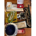 Vintage costume jewellery to include jet ‘Annie’ brooch, Timex watch, glass beads, dress clip,
