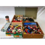 Four boxes of assorted loose Lego pieces along with two boxes of Meccano, The original Tinkertoy and